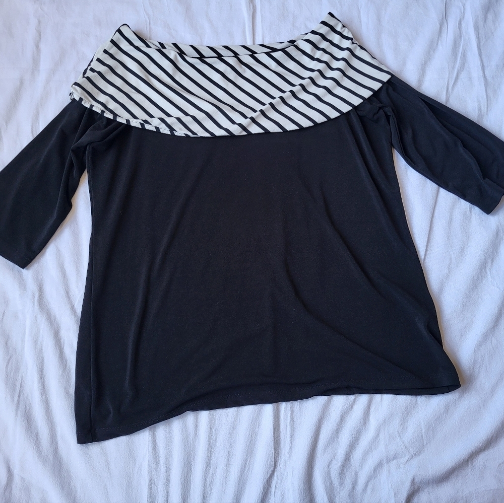 Chicos Off Shoulder/Boatneck 3/4 Length Sleeve Blouse Black&White Nautical Sz2